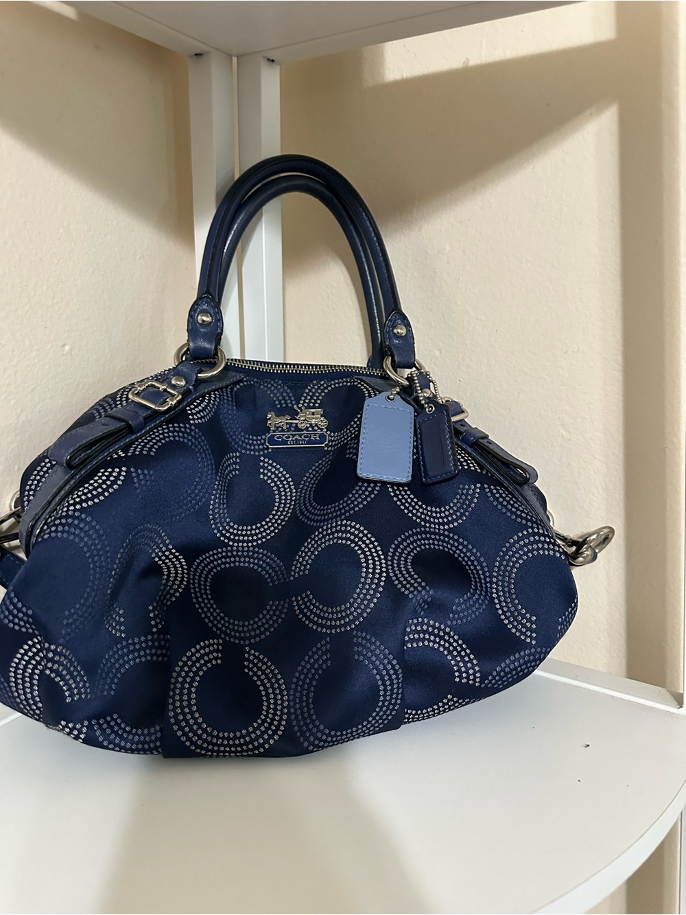 Coach Navy Dot Signature Satchel with Leather Tags